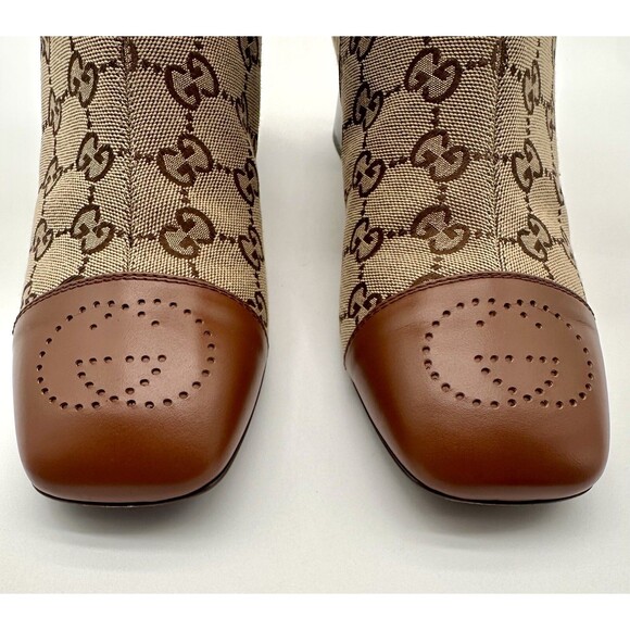 Gucci Ellis GG Logo Leather Trimmed Ankle Boots Camel Ebony Canvas EU 39.5 US9.5 - Picture 2 of 14